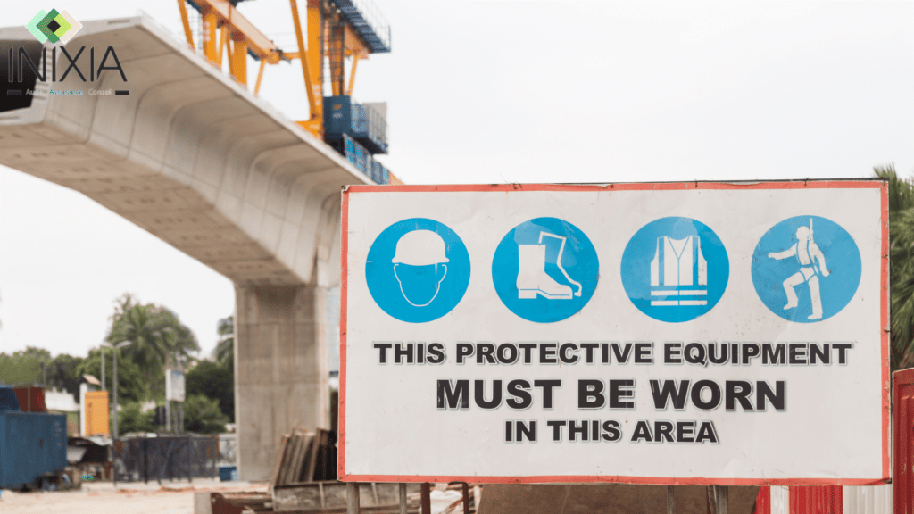 Image INIXIA - "Un panneau de sécurité en chantier devant un pont en construction"