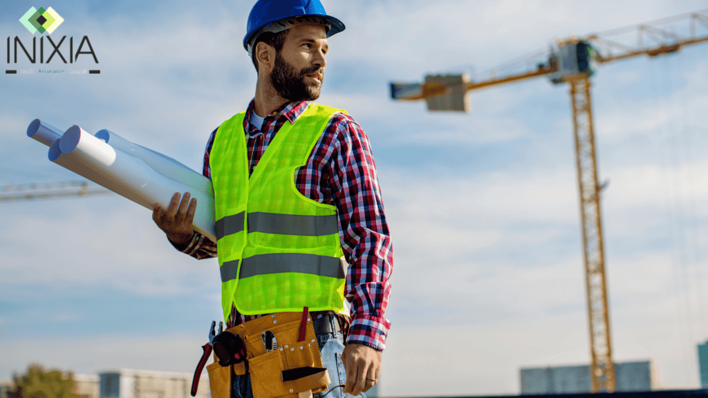 RC PRO Dessinateur Projeteur - Un homme sur un chantier avec des plans et une tenue d'ouvrier
