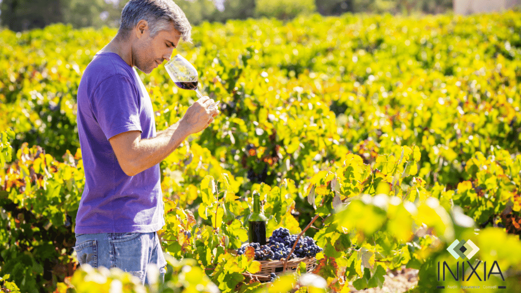 Un homme dans une vigne qui boit un verre de vin. - Image INIXIA - RC PRO Œnologue 