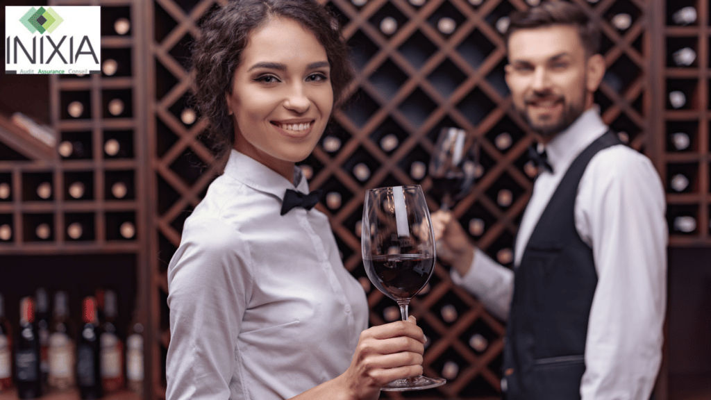 Un homme et une femme dans une cave avec un verre de vin à la maiun. - Image INIXIA - RC PRO Sommelier -