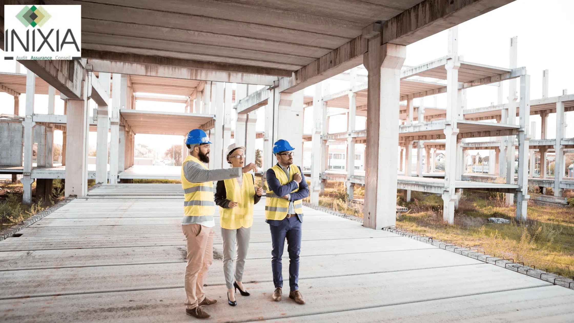 Trois personnes dans un grand chantier en construction.