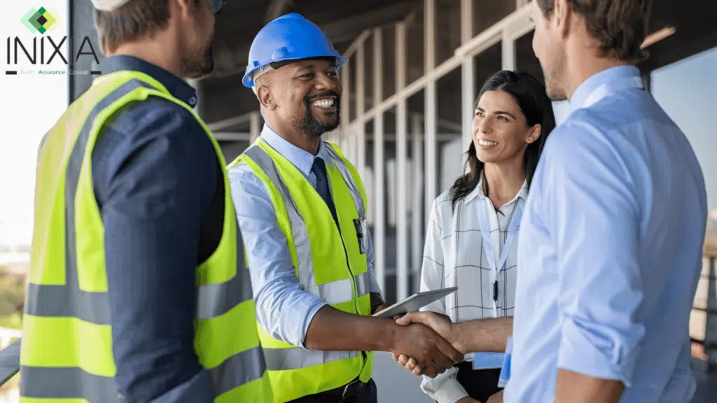 Un groupe de professionnel du Btp, devant un chantier en fin de construction se sérrent la main