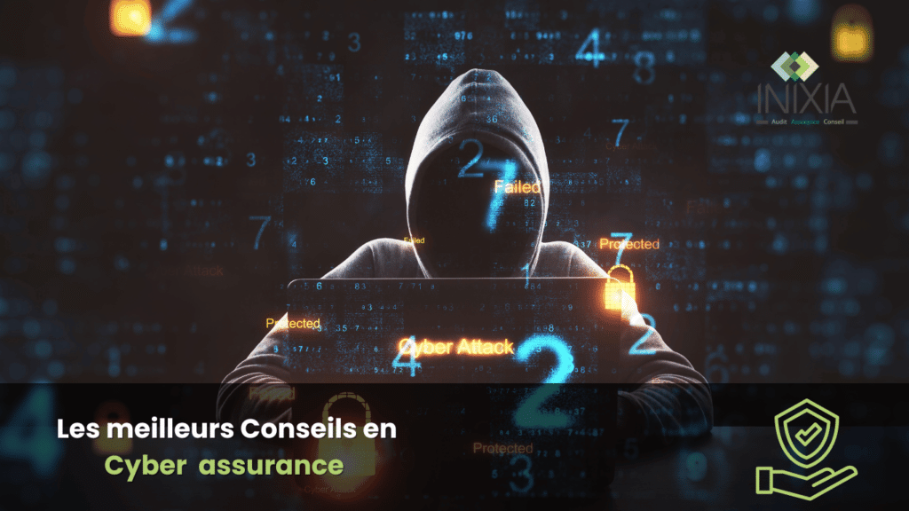 Image promotionnelle d'INIXIA présentant un hacker en sweat à capuche devant un écran avec des codes et le texte 'Cyber Attack' accompagné du slogan 'Les meilleurs Conseils en Cyber assurance' et du logo INIXIA.