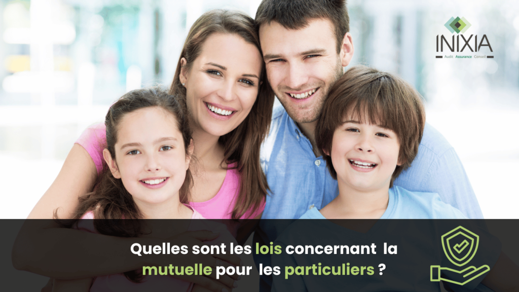 Image publicitaire d'INIXIA avec une famille souriante et une question sur les lois de la mutuelle pour les particuliers.