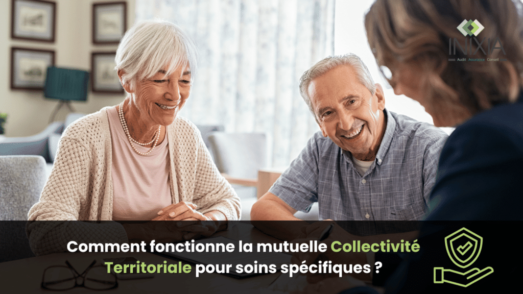 Deux personnes avec les visages floutés sont assises et discutent dans un salon, avec du texte en français au bas de l’image concernant la “Mutuelle Collectivité Territoriale”.