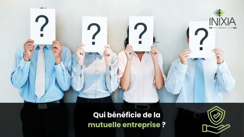 Quatre personnes tenant des panneaux avec des points d’interrogation devant leurs visages, avec le texte “Qui bénéficie de la mutuelle entreprise ?” et le logo INIXIA en arrière-plan.