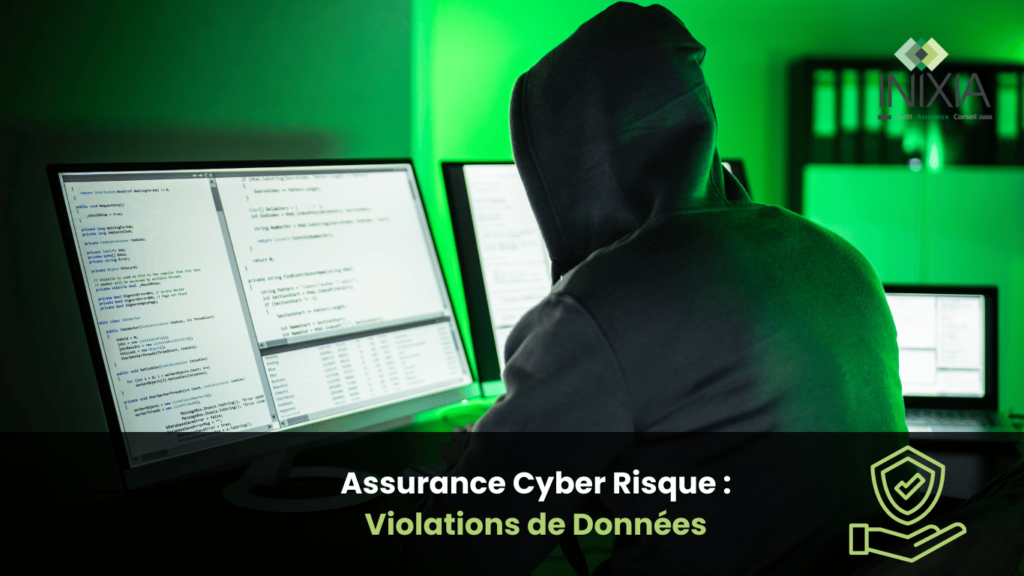 “Une personne à capuche travaillant sur plusieurs écrans d’ordinateur affichant divers codes, avec le texte ‘Assurance Cyber Risque : Prévention des violations de données.”