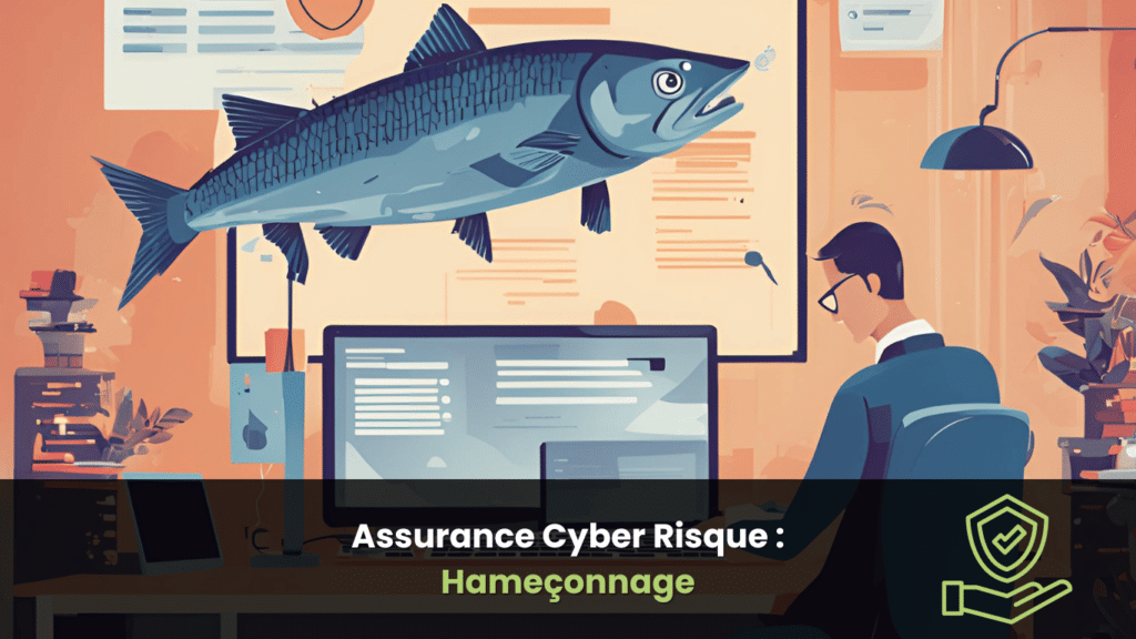 Illustration représentant un homme travaillant sur un ordinateur avec un grand poisson suspendu au-dessus de lui, symbolisant le concept de hameçonnage (phishing) en cybersécurité.