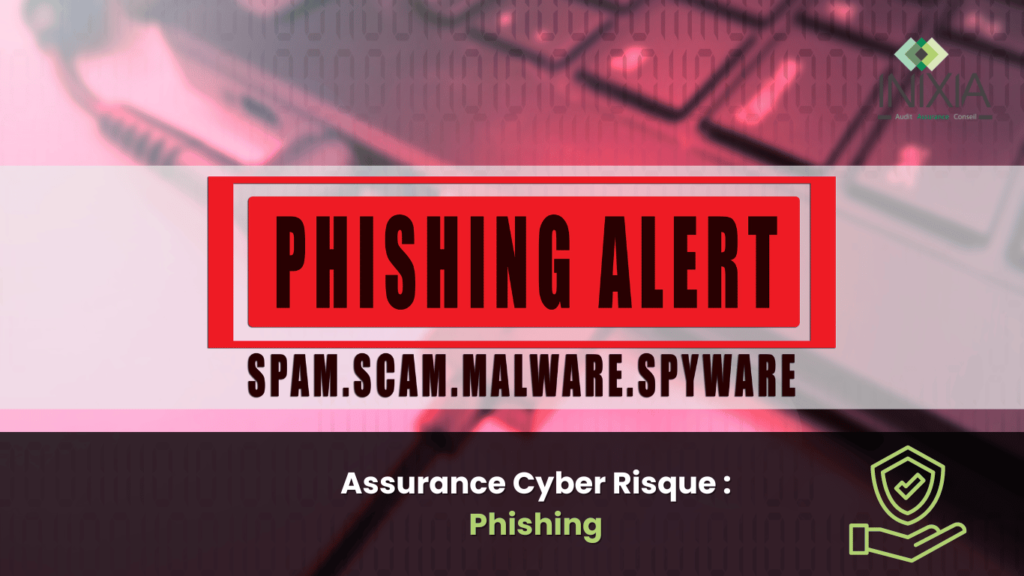 Une alerte de phishing avec des termes de cybersécurité sur un fond d’écran d’ordinateur, indiquant une protection contre le phishing.