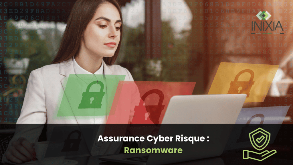 “Un professionnel travaillant sur un ordinateur portable avec des icônes de cybersécurité superposées à l’image, indiquant une protection contre les ransomware.”