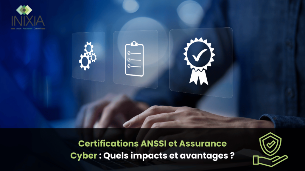 Icônes numériques de paramètres, checklist et certification flottant au-dessus des mains d'une personne tapant sur un clavier, représentant les certifications ANSSI et leur impact sur la cybersécurité.