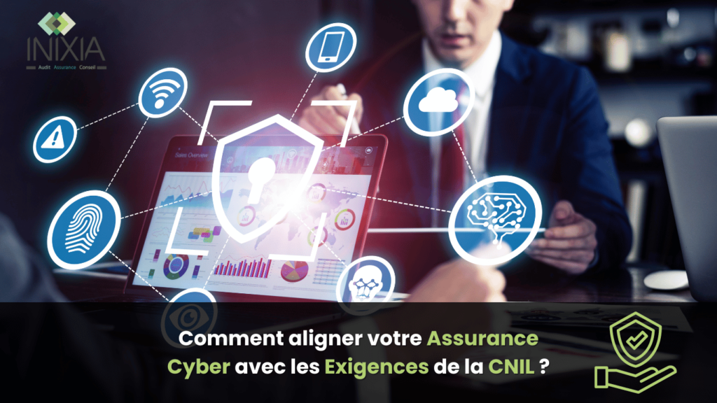 Un professionnel utilisant un ordinateur portable avec des icônes de sécurité et de connexion symbolisant la cybersécurité et l'alignement avec les exigences de la CNIL