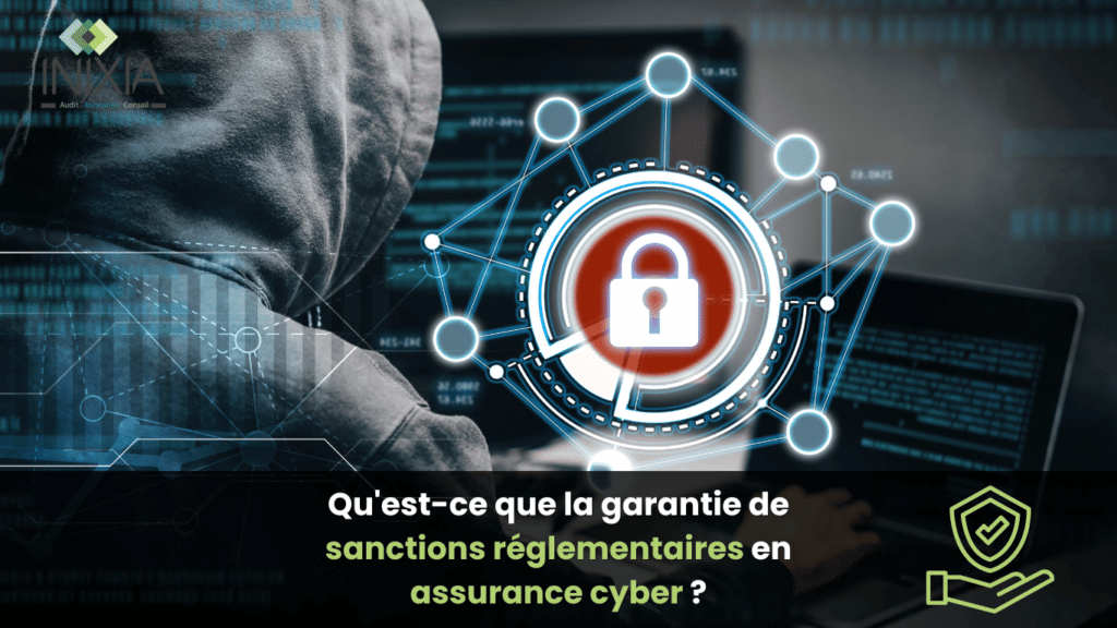 Image d'un individu en hoodie devant un ordinateur avec un symbole de cadenas entouré de connexions numériques, avec le logo d'INIXIA et le texte : Qu'est-ce que la garantie de sanctions réglementaires en assurance cyber ?