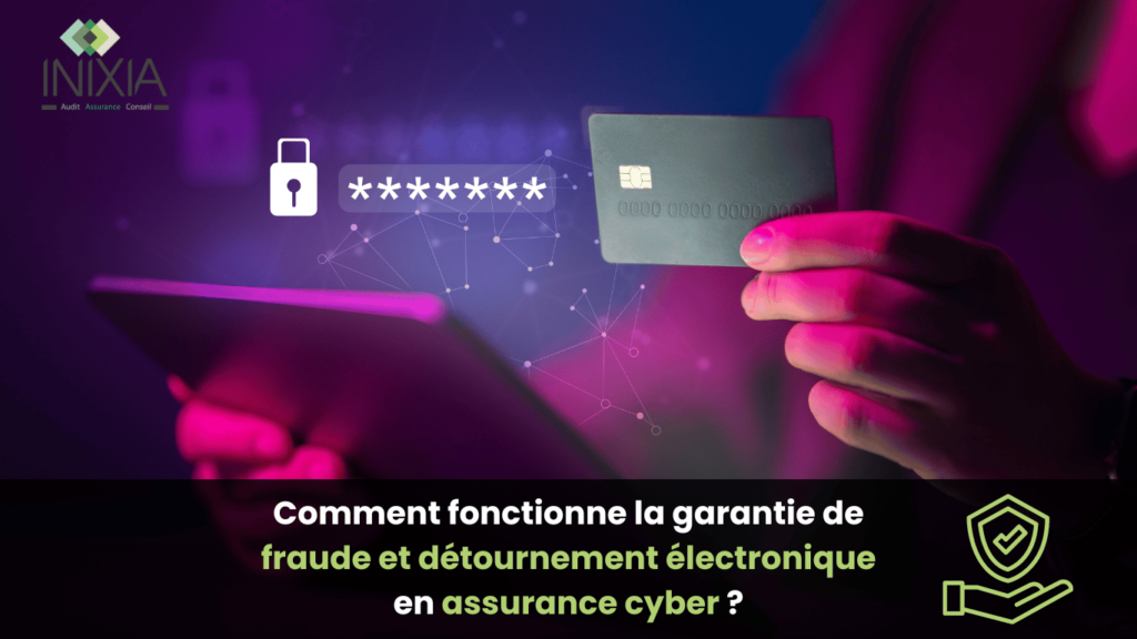 Une main tenant une carte bancaire et un smartphone avec des symboles de sécurité numérique, avec le logo d'INIXIA et le texte : Comment fonctionne la garantie de fraude et détournement électronique en assurance cyber ?