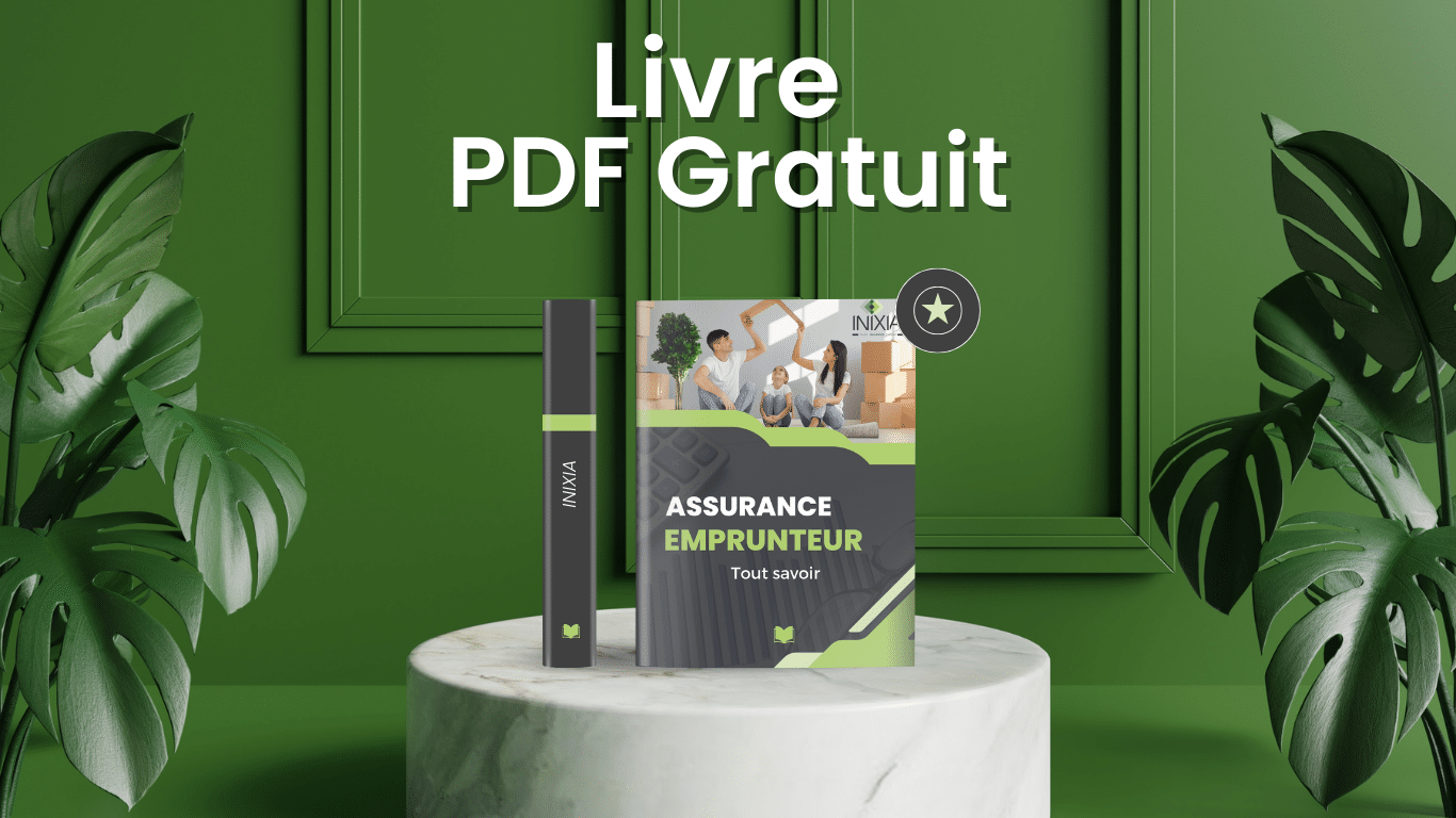 Image promotionnelle du livre blanc gratuit d'INIXIA sur l'assurance emprunteur, avec une couverture illustrée par une famille entourée de cartons de déménagement.