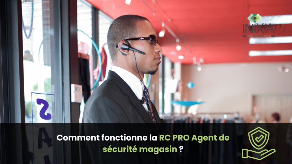 "RC PRO Agent de sécurité magasin : Un agent de sécurité portant un costume et un casque d'écoute, surveillant l'entrée d'un magasin."