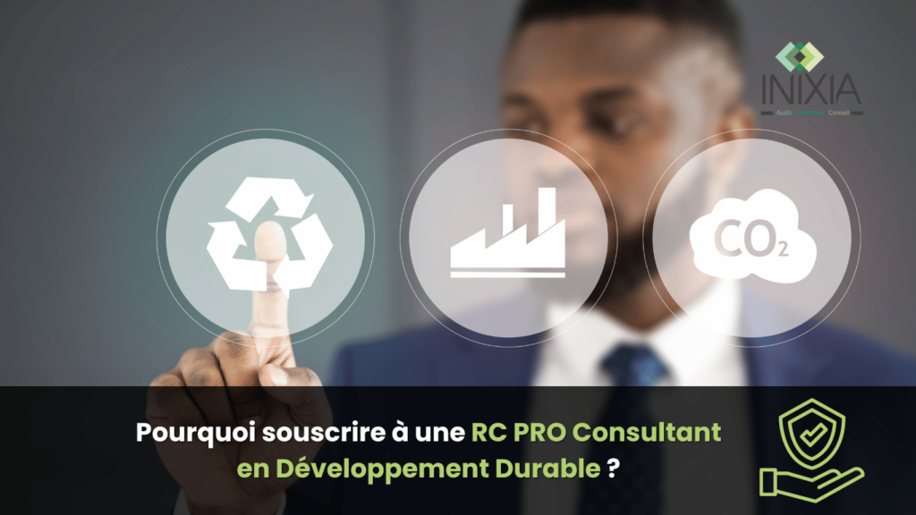 Un consultant en développement durable pointant vers des icônes de recyclage, d'industrie et de réduction de CO2, illustrant l'importance de l'assurance RC PRO pour les consultants en développement durable.