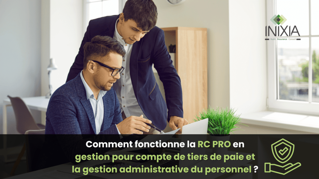 "RC PRO Gestion pour compte de tiers de paie et la gestion administrative du personnel : Deux hommes en tenue professionnelle examinant des documents sur un ordinateur portable." 