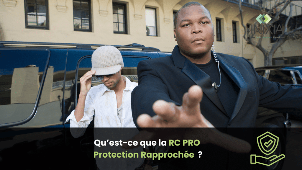 Un garde du corps en costume noir protégeant une personne célèbre près d'un véhicule, illustrant l'importance de l'assurance RC PRO pour les spécialistes en protection rapprochée.