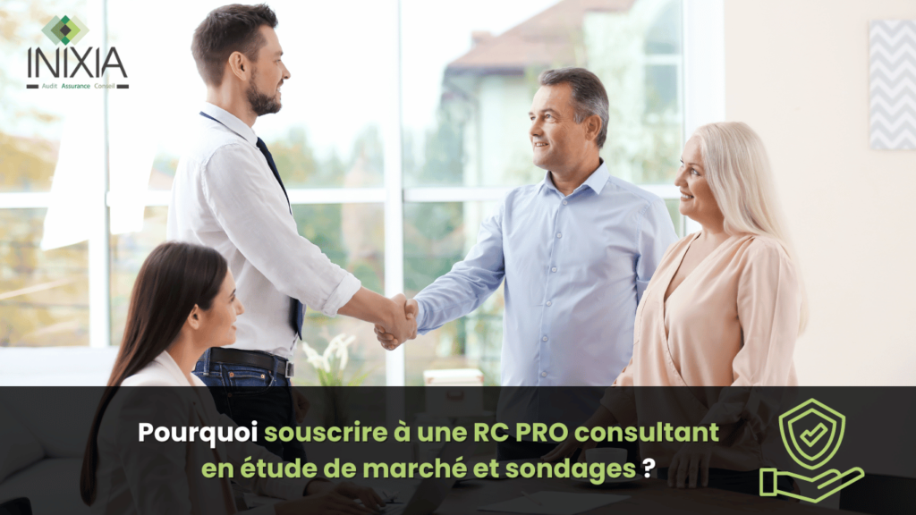 Trois professionnels dans un environnement de bureau s’engageant dans une poignée de main, probablement en discussion ou en finalisation d’un accord de consultation lié à la RC PRO consultant en étude de marché et sondages, avec des visages obscurcis pour la confidentialité. 