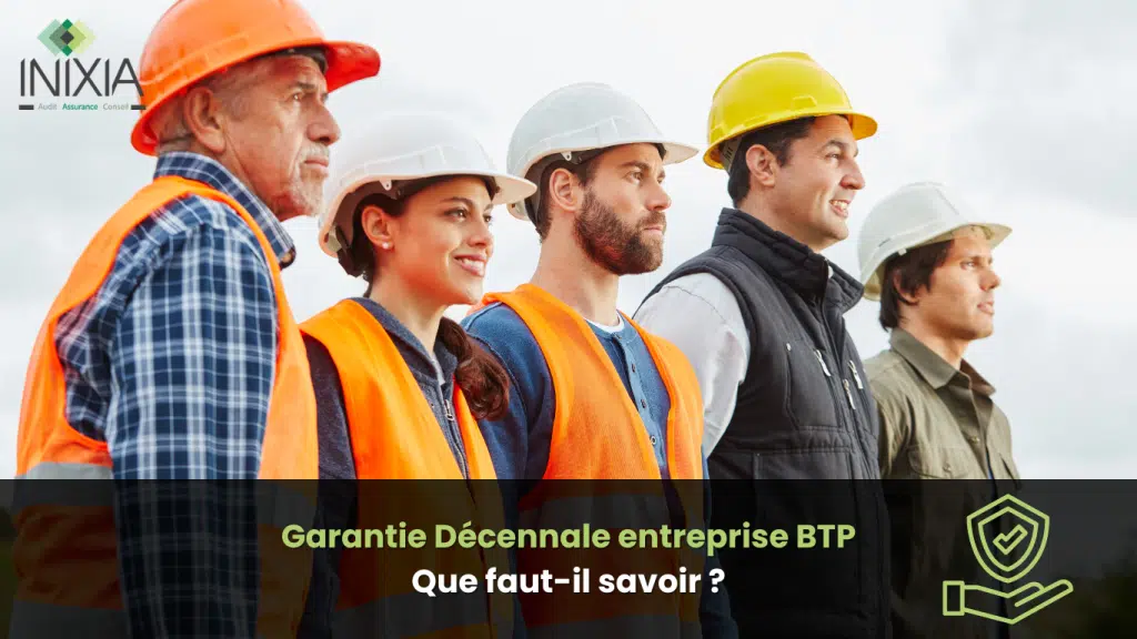Un groupe de travailleurs du BTP portant des casques de protection, regardant vers l'horizon sur un chantier. Le texte en bas de l'image indique "Garantie Décennale entreprise BTP : Que faut-il savoir ?".