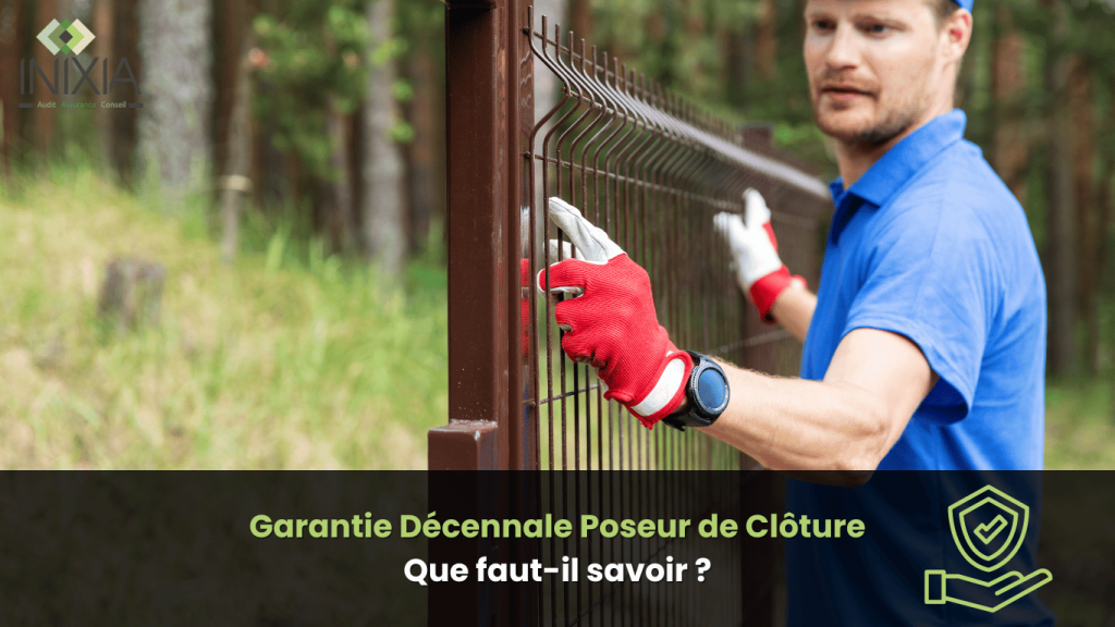 Un poseur de clôture travaillant en pleine nature, ajustant une clôture métallique avec des gants de protection rouges. Le texte en bas de l'image indique "Garantie Décennale Poseur de Clôture : Que faut-il savoir ?".