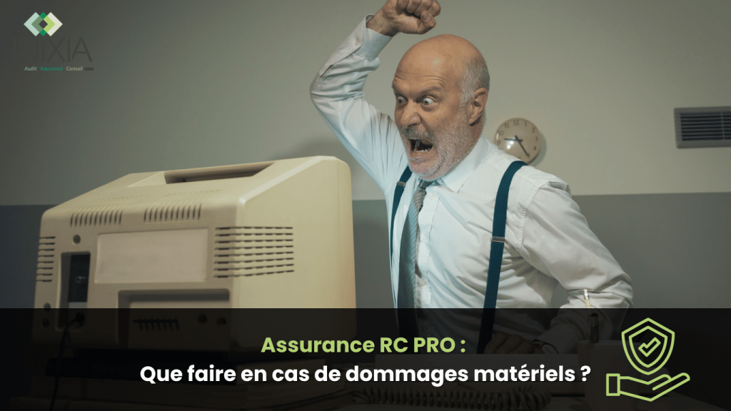 Homme frustré devant un vieil ordinateur, exprimant son stress face à des dommages matériels liés à son activité professionnelle.